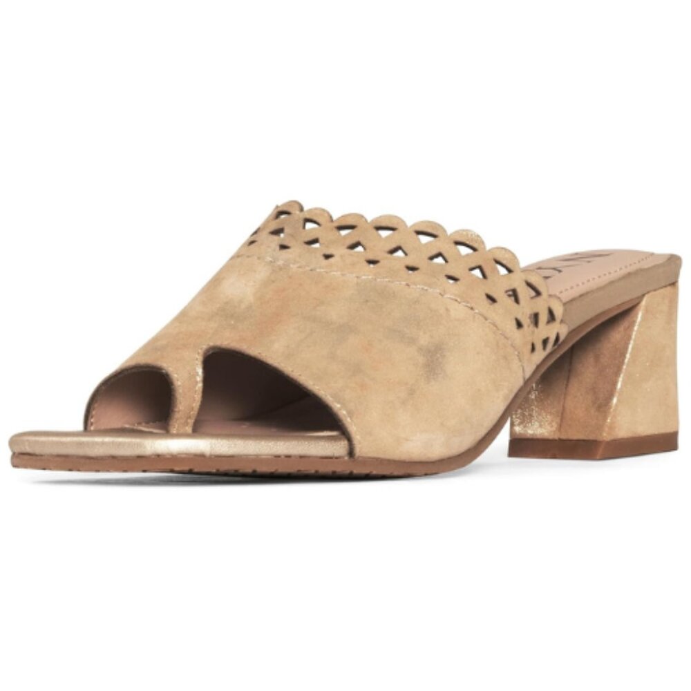 NYDJ Women's Alanah Heeled Sandal Size 6 M Natural Light Gold Metallic Suede